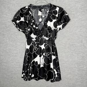 Wrapper Vintage Top Y2K Babydoll Satin 90s Size Large Black White‎ Tunic Shirt